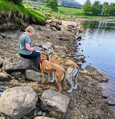 Painting on location with Caspar and Chira, my art assistants