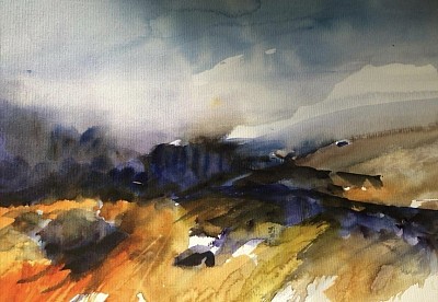 Moorland mist outdoor sketch in watercolour by Carole Knight