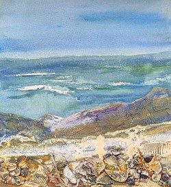 A mixed media collage and watercolour seascape with textural details, shells and shore finds