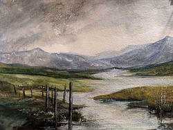 Waterscape in watercolour, storm clouds approaching